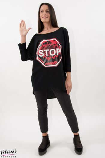 Bluză neagră cu imprimeu "STOP"